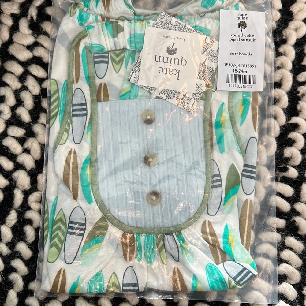 Kate Quinn Surf board round yoke piped sunsuit size 18-24 months. BNIB